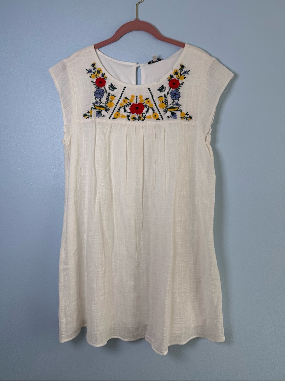 JODIFL Cream Mini Dress with Red, Yellow & Blue Floral Embroidery